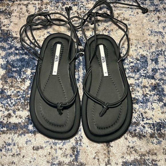Zara Black Flat Padded Ankle Tie Strappy Sandals Size 6 - Picture 1 of 7